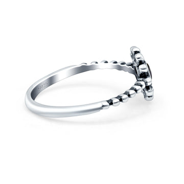 Flower Style Petite Dainty Round Ring Solid Oxidized Simulated Black Onyx 925 Sterling Silver